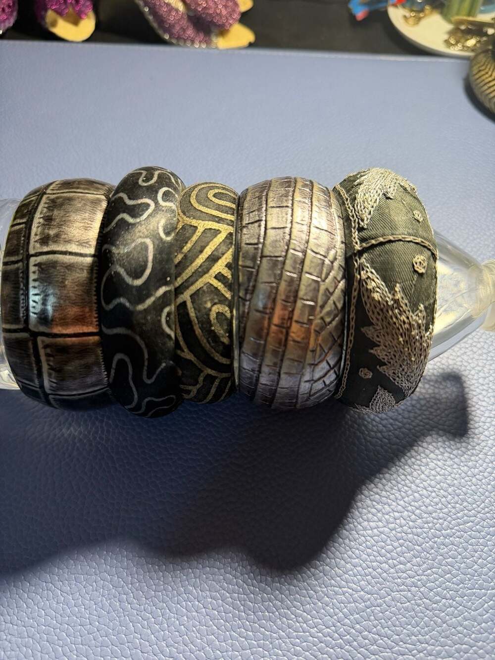 Set of 5 Mixed Texture Bangle Bracelets - Croc Embossed, Metallic, and Embroider